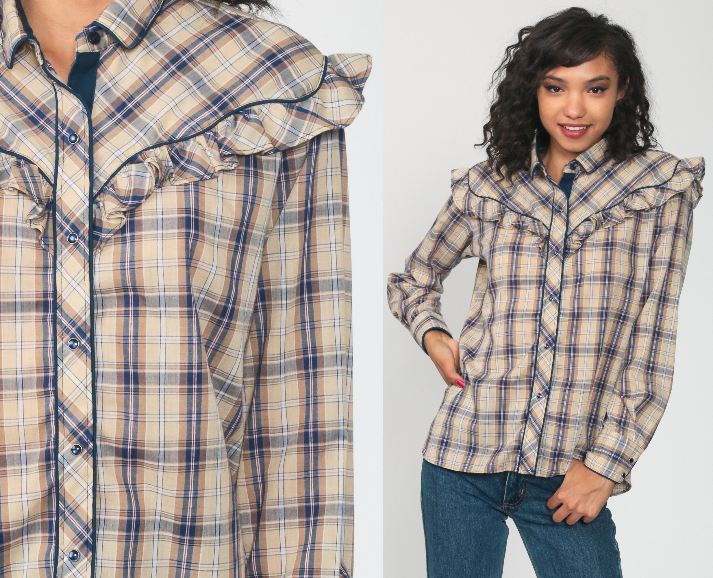 Ruffle Plaid Shirt Western Blouse 80s 