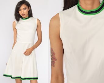 60s Dress Mod Mini White Ringer Mock Neck High Waisted 70s Twiggy Gogo Go Go 1970s Sleeveless MiniDress Small