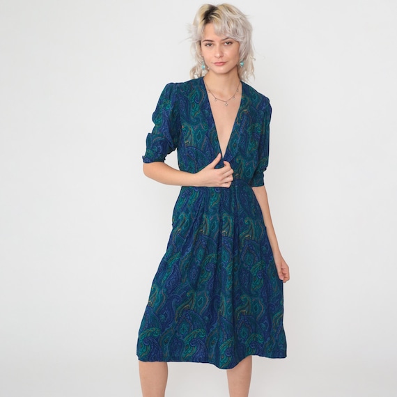 80s Paisley Wrap Dress Blue Deep V Neck Midi Dress Boho Puff Sleeve Vintage 1980s High Waisted Bohemian Secretary Plunge Neckline Small S