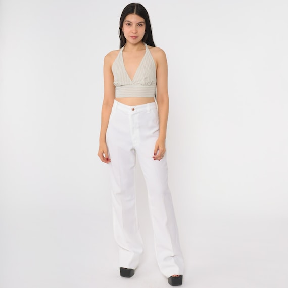 70s Wide Leg Pants White High Waisted Flared Trousers Vintage Boho Hippie Cotton Polyester Disco Era Groovy Statement Medium M