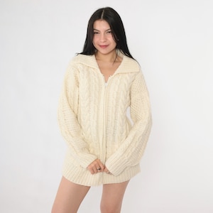 Vintage Cable Knit Cardigan Sweater 90s Cream Wool Sweater Jacket Andean Zip Up Boho 1990s Bohemian Fisherman Sweater South America Medium M