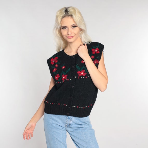 Floral Sweater Vest 80s Black Wool Knit Button Up Vest Top Red Flower Print Shirt Retro Sleeveless Sweater Hippie Vintage 1980s Large L