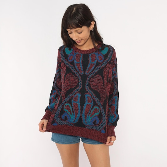 80s Abstract Knit Sweater Burgundy Teal Black Baroque Pattern City Streets Wine Maroon Jewel Tone Grandpa Style Long Sleeve Top Medium M