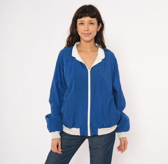 Reversible Windbreaker 80s Blue White Colorblock Bomber Nylon Shell Jacket Raglan Sleeve Cobalt Stripe Athletic Track Coat Vintage Large L