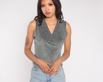 Metallic zilveren tanktop vintage jaren 90 mouwloze overslag voorkant V-hals getailleerd stretch glitter glitter shirt feestavond clubwear grote L