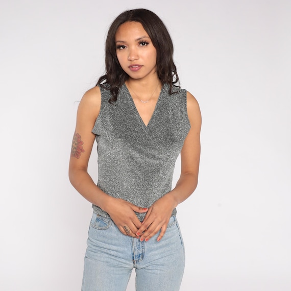 Metallic Silver Tank Top Vintage 90s Sleeveless Wrap Front V Neck Fitted Stretch Sparkle Shimmer Shirt Party Evening Clubwear Large L