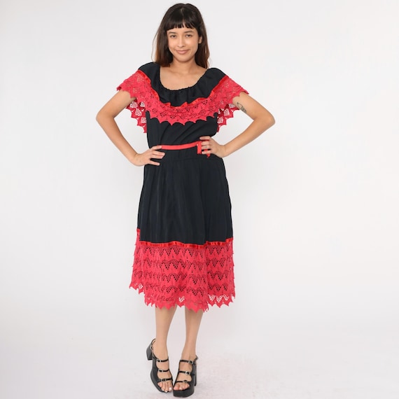 Vintage Black Peasant Dress Fuchsia Lace Mexican Dress Off Shoulder Dress 80s Boho Midi Hippie High Waist Pleat 1980s Bohemian Medium Large