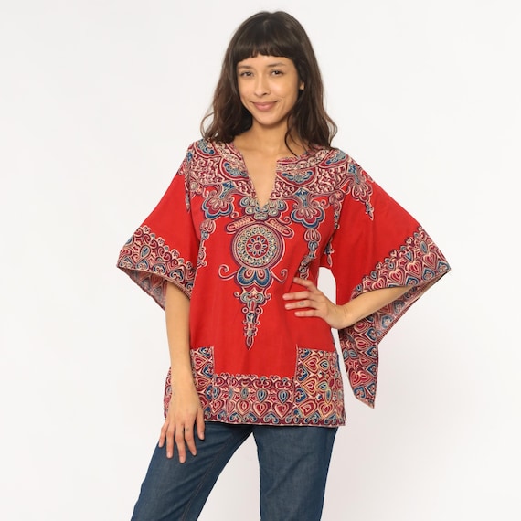 70s Dashiki Tunic Red Orange Paisley Mandala Print Cotton Kaftan Top V neck Kimono Sleeve Bohemian Hippie Ethnic African Vintage Large L