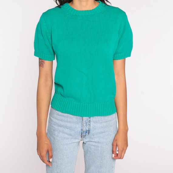 Green Knit Shirt 90s Cotton Knit Top Short Sleeve… - image 5