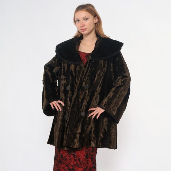 70s Faux Fur Coat Brown Black Fur Collar Button Front Mob Wife Old Money Style Winter Jacket Luxury Outerwear Vintage Womens Extra Large XL
