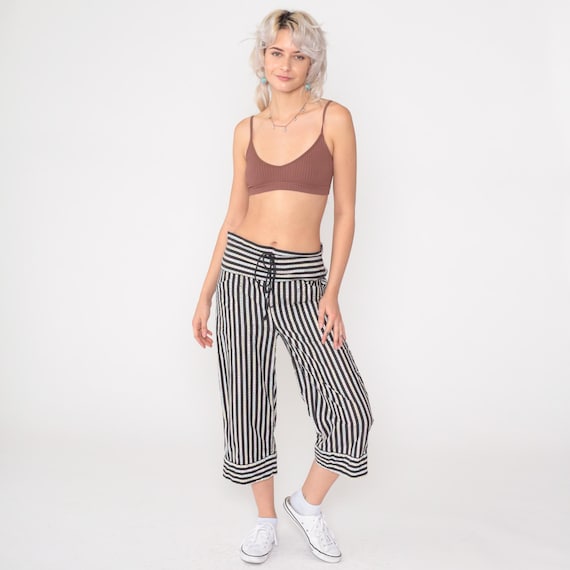 Vintage Striped Straight Leg Pants 80s Black Pastel Casual Cropped High Waist Drawstring Casual Wide Leg Lounge 1980s Extra Small xs
