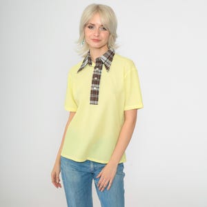 70s Yellow Polo Shirt Brown Plaid Collar Checkered Vintage Short Sleeve Retro Quarter Button Up 1970s Seventies Preppy Medium M