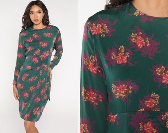 Floral Sheath Dress 90s Green Tulip Hem Knee Length Dress Retro Preppy High Waisted Pencil Long Sleeve Vintage 1990s Liz Claiborne Medium