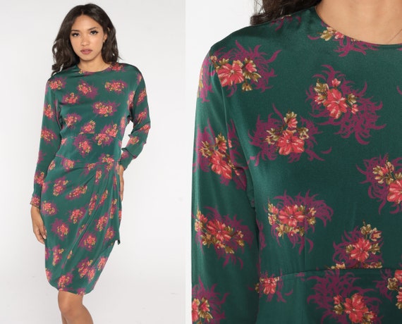 Floral Sheath Dress 90s Green Tulip Hem Knee Length Dress Retro Preppy High Waisted Pencil Long Sleeve Vintage 1990s Liz Claiborne Medium