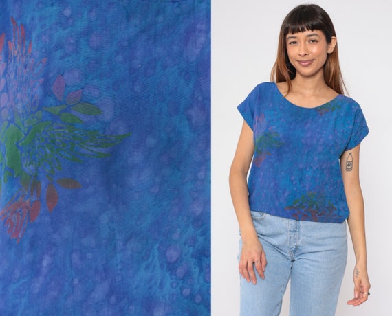 Blue Floral Blouse 90s Tie Dye Top Short Cap Sleeve Pink Green Flower Print Shirt Boho Hippie Grunge Summer Bohemian Retro Vintage 00s Small