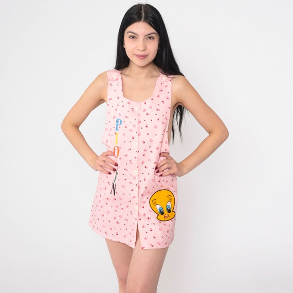 Tweety Bird Dress 90s Pink Floral Micro Mini Dress PIOLYN Embroidered Button up Shift Sleeveless Cute Kawaii Vintage 1990s Extra Small xs