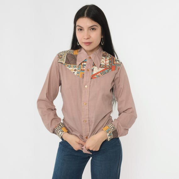 Vintage 70s Quilted Western Shirt Brown Patchwork Floral Button up Shirt Yoke Long Sleeve Rodeo Cowboy 1970s Small S