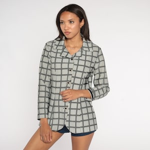 70s Checkered Shirt Black White Button Up Striped Print Shirt Shirt Preppy Collared 1970s Top Long Sleeve Vintage Medium