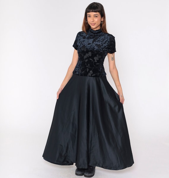 90s Black Party Dress Velvet Burnout Maxi Dress Leaf Print Drop Waist Dress Short Sleeve 1990s Gothic Vintage Mock Neck Ankle Length Small 6