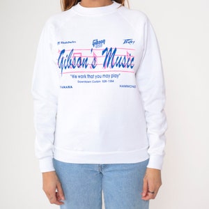 Gibson's Music Sweatshirt 90s Corbin, Kentucky Music Store Graphic Shirt Gibson USA Yamaha White Raglan Sleeve Vintage 1990s Hanes Small S image 8