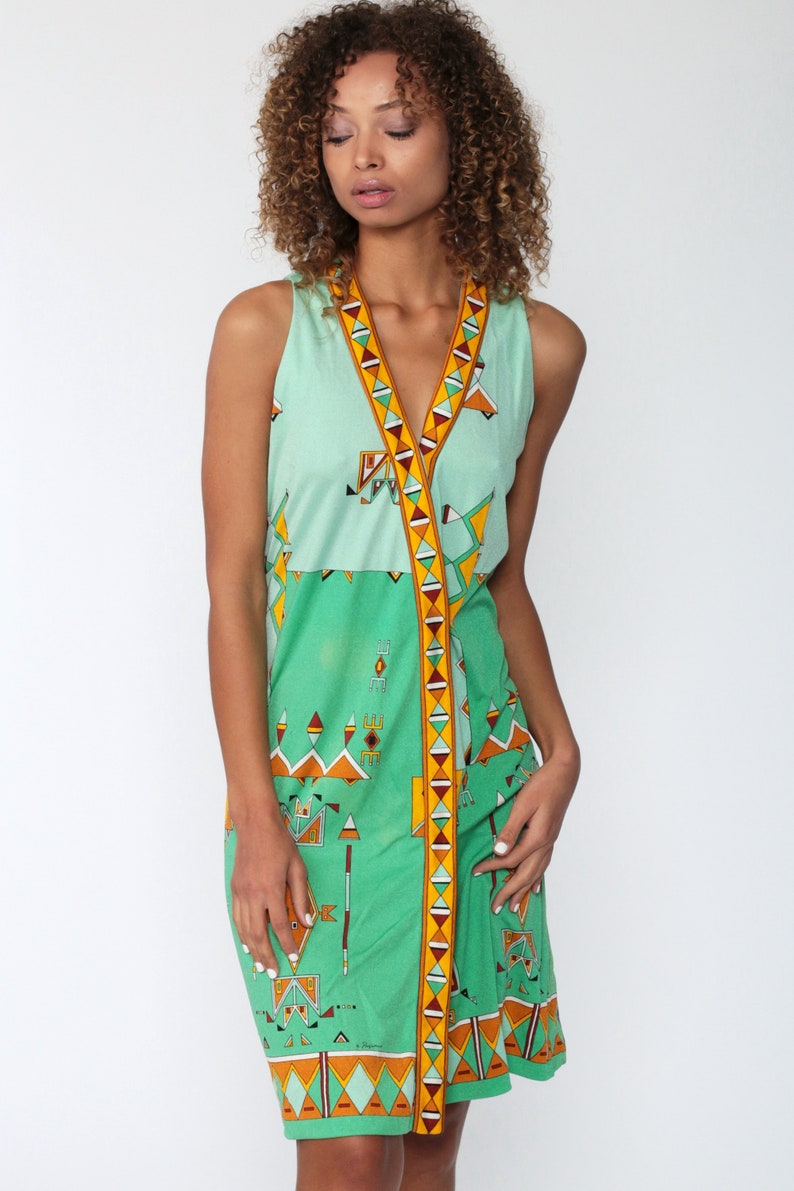 70s Mod Mini Dress Green PAGANNE Dress Tribal Geometric Print V Neck Dress 70s Vintage Minidress Boho Hippie Sleeveless Bohemian Small