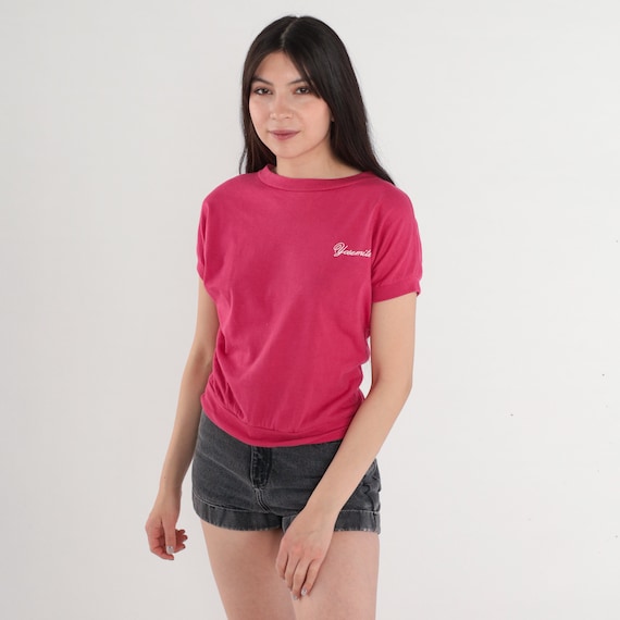 Yosemite Shirt 80s National Park T-Shirt Fuchsia Pink Embroidered Tee Short Sleeve Banded Hem Top California Tourist Vintage 1980s Small