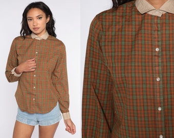 Brown Plaid Blouse 80s Button Up Shirt Chest Pocket Checkered Print Long Sleeve Top Collar 1980s Vintage Medium