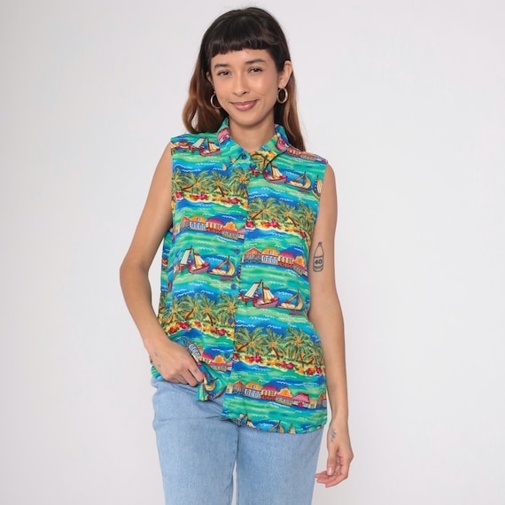 Tropical Island Shirt 90s Teal Sailing Boat Print Sleeveless Button Up Beach Palm Tree Vacation Resort Wear Extra Large XL