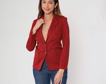 70s Red Blazer Vintage Fitted Jacket Cherry Bright Button Front Coat Office Work Wear Tailored Business Professional Career Small S 8