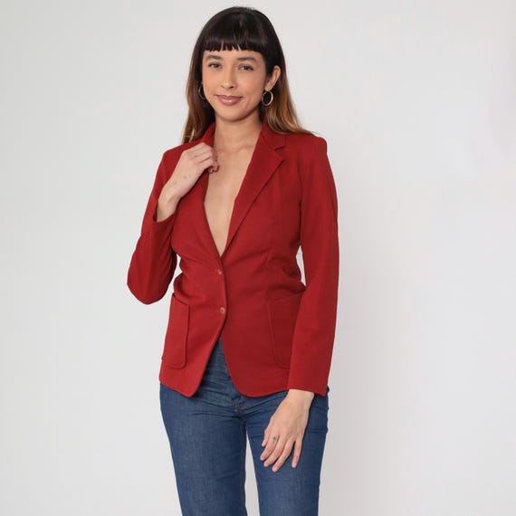 70s Red Blazer Vintage Fitted Jacket Cherry Bright Button Front Coat Office Work Wear Tailored Business Professional Career Small S 8