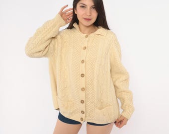80s Cream Cable Knit Cardigan Wool Fisherman Collared Button Front Chunky Sweater Grandpa Off White Long Sleeve Cottagecore Womens Large L