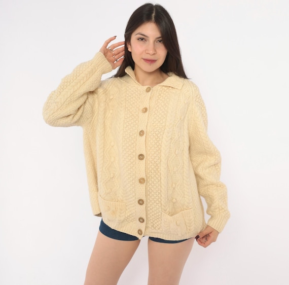 80s Cream Cable Knit Cardigan Wool Fisherman Collared Button Front Chunky Sweater Grandpa Off White Long Sleeve Cottagecore Womens Large L