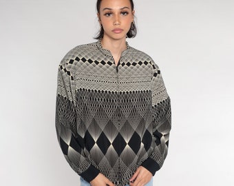 Op Art jas jaren 80 bomberjack met ritssluiting zwart witte geometrische print windjack abstract patroon retro streetwear vintage jaren 80 medium maat M