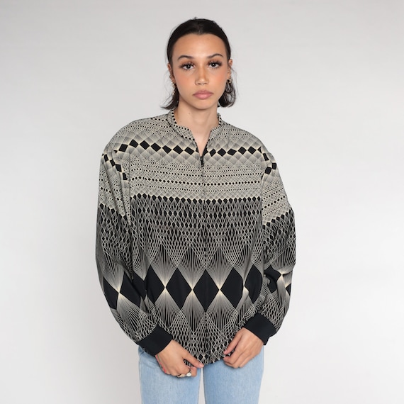 Op Art Jacket 80s Zip Up Bomber Jacket Black White Geometric Print Windbreaker Abstract Pattern Retro Streetwear Vintage 1980s Medium M