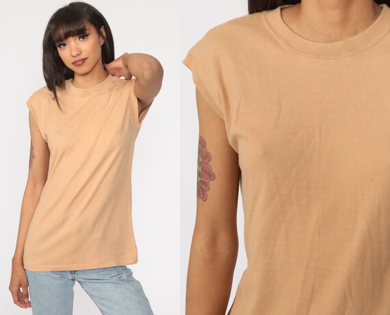 Tan Muscle Tee Shirt 80s Tank Top Tee 90s Retro Shirt Gem