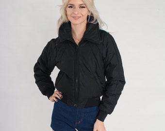 Chaqueta de esquí negra, chaqueta acolchada de los años 70, chaqueta bomber aislante, abrigo acolchado con cremallera, ropa de esquí retro de invierno, azul, rosa, vintage, años 70, talla extra pequeña, xs