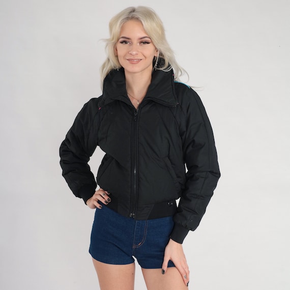 Black Ski Jacket 70s Puffer Jacket Insulated Bomber Jacket Zip Up Puffy Coat Winter Retro Skiwear Blue Pink Vintage 1970s Extra Small xs