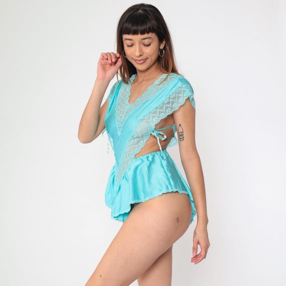 80s Lingerie Teddy Romper Turquoise Lace Teddie Deep V Neck Bodysuit 1980s Tap Shorts One Piece Romantic Vintage Sexy Small
