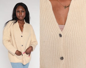 Beige Wool Cardigan 90s Knit Button up Sweater Plain Basic Solid Retro Simple Solid Minimalist Knitwear Vintage 1990s Ann Taylor Medium M