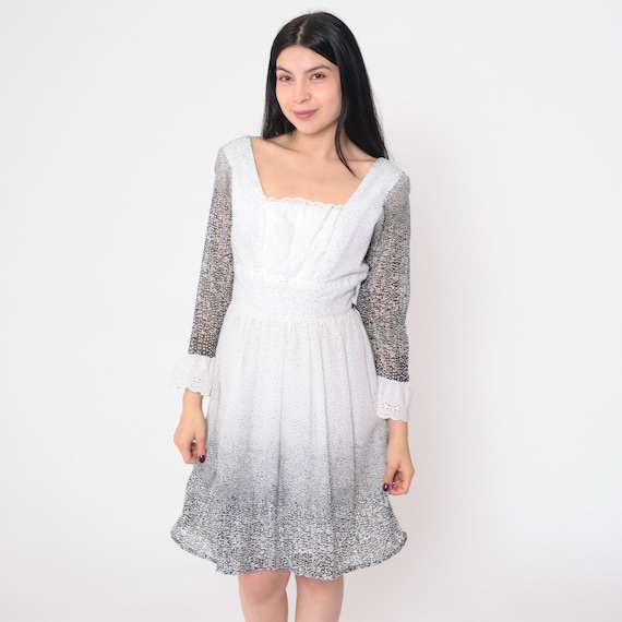 Black and White Dress 70s Mini Dress Eyelet Lace Abstract Dot Gradient Print Long Semi-Sheer Sleeve Bow Mod Boho Vintage 1970s Small Medium