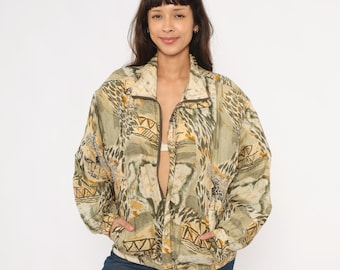 Safari Silk Bomber 90s Giraffe Animal Print Zip Jacket Cream Olive African Tribal Map Windbreaker Coat Earth Tone Novelty Pattern Large L
