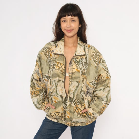 Safari Silk Bomber 90s Giraffe Animal Print Zip Jacket Cream Olive African Tribal Map Windbreaker Coat Earth Tone Novelty Pattern Large L