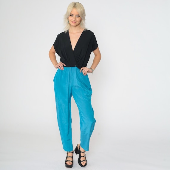 Vintage Tapered Jumpsuit 80s 90s Black Blue Color Block Playsuit High Waisted Romper Pants V Neck Wrap Pantsuit Short Sleeve Rayon Small