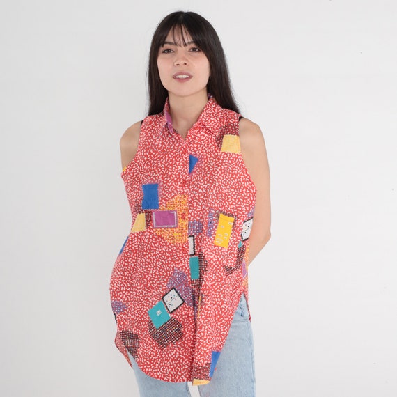 80s Tank Top Red Geometric Button Up Tunic Top Abstract Square Print Colorful Sleeveless Shirt High Sides Blouse Vintage 1980s Medium Large