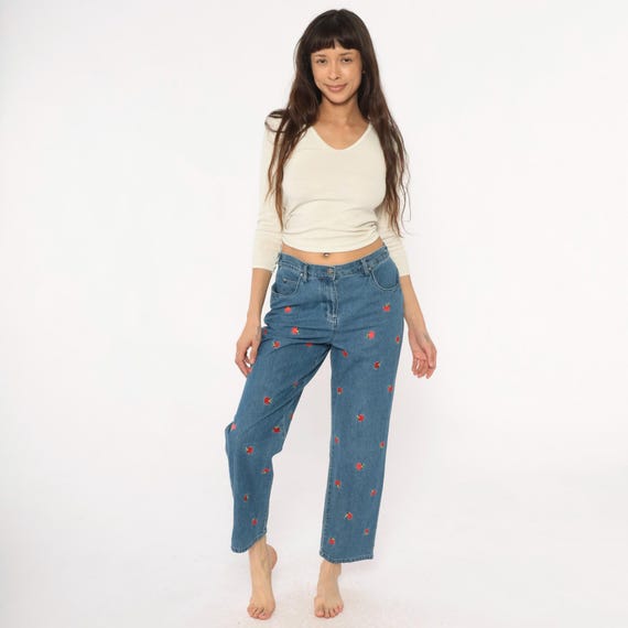 Apple Embroidered Jeans 90s Denim Pants Cropped Red Fruit Novelty Cotton Coquette High Waist Blue Wash Vintage Teacher Nerdcore Petite Small
