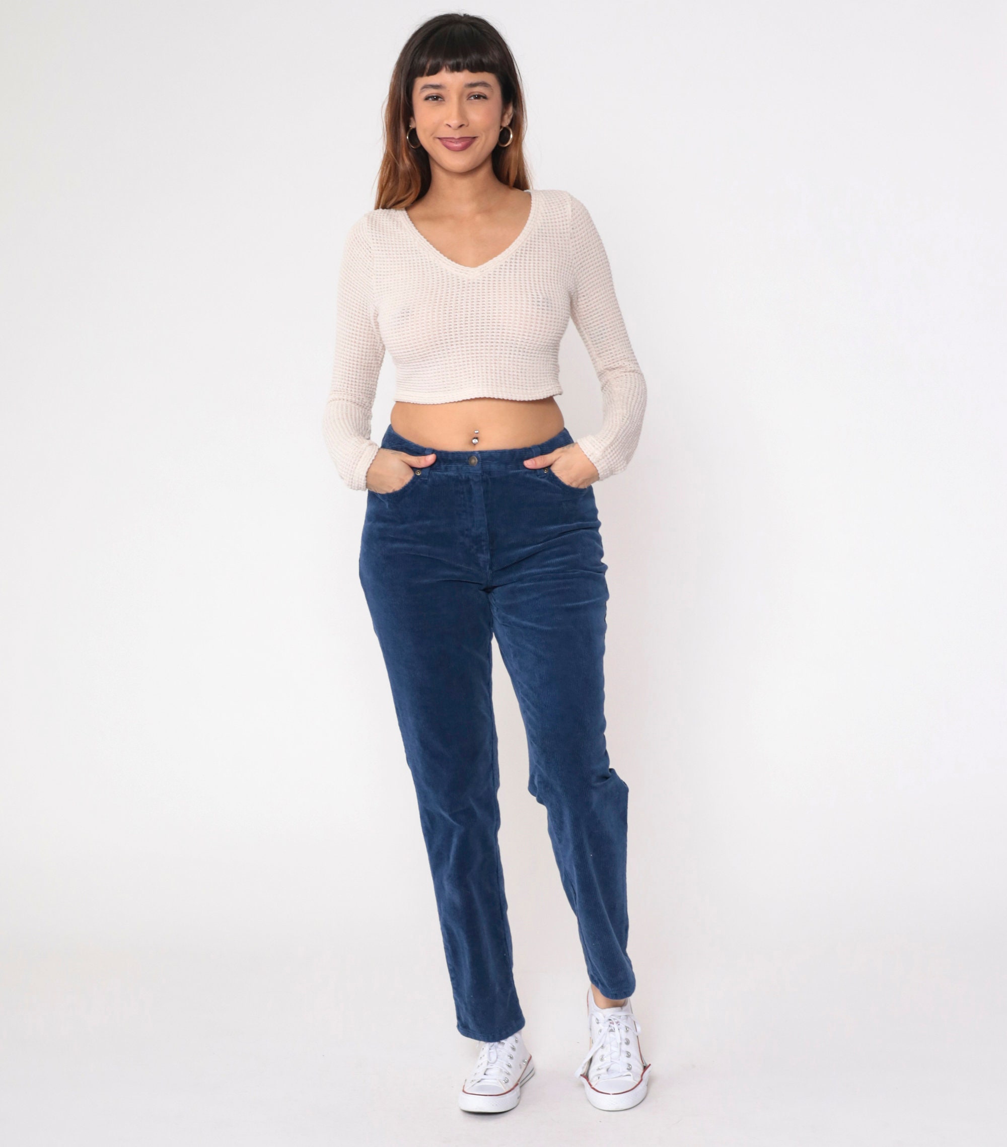 Blue Corduroy Pants 90s Trousers High Waisted Rise Mom Pants Blue Corduroy Pants 90s Trousers High Waisted Rise Mom Pants