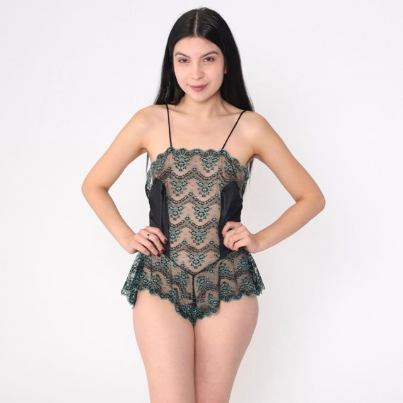 Lace Teddy 80s Lingerie Romper Black Green Floral… - image 2