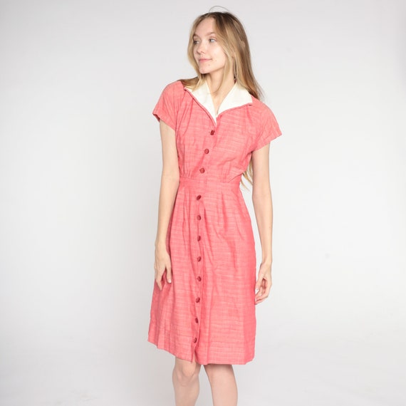 Vintage 50s Shirtdress Woven Pink Day Dress Retro Rockabilly Collared Button Up Sheath Girly Pinup Knee Length 1950s Dress 60s Small S