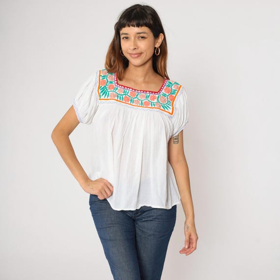 90s Gauze Peasant Top Floral Embroidered Blouse White Hippie Short Sleeve Bohemian Tent Shirt Summer Boho Vintage 1990s Small Medium