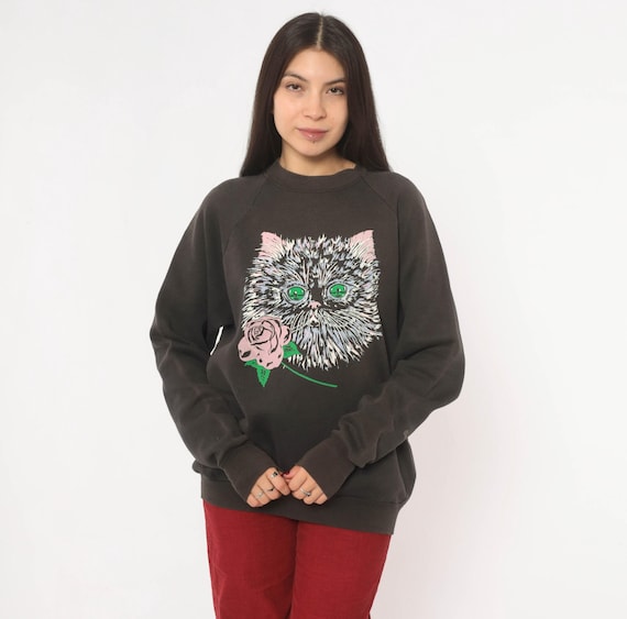 Cat Rose Graphic Sweatshirt 90s Raglan Sleeve Pullover Faded Black Charcoal Animal Kitten Floral Quirky Vintage Grandma Sweater Top Large L